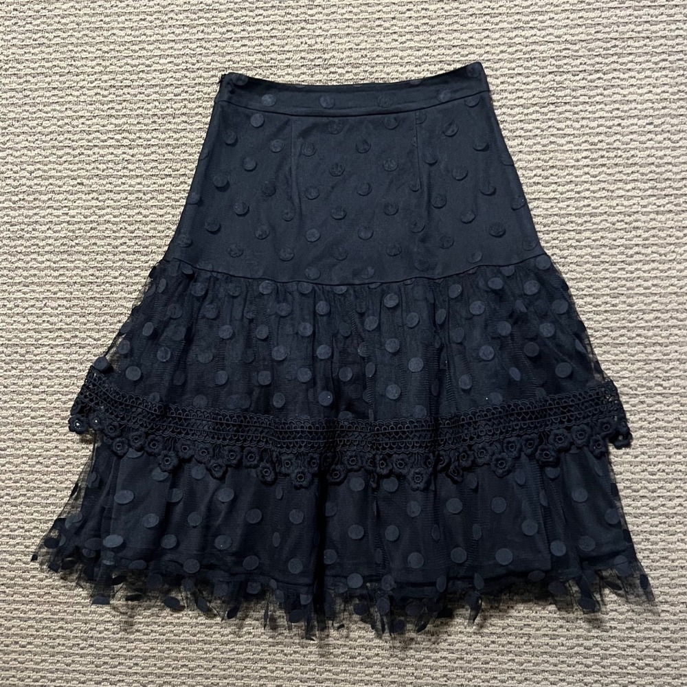 Ina Polka Dot Midi Skirt Tulle Tiered Lace Trim‎ Party Cocktail Evening Womens S
